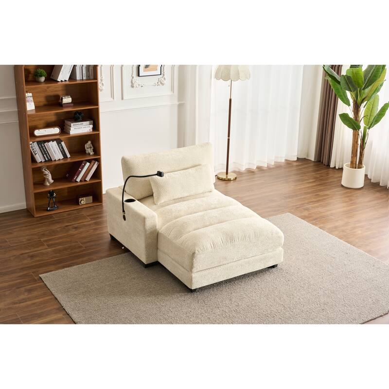 Chenille Single Sofa Chair Chaise Lounge with Phone Holder, Upholstered Recliner Sleeper Sofa Bed for Living Room - Beige