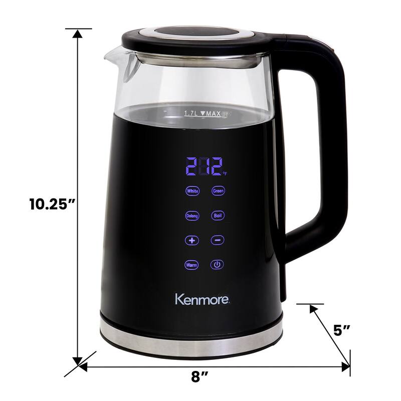 Kenmore Glass Electric Kettle 1.7L, Digital Temperature Control, Black