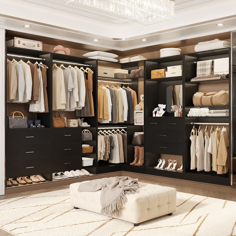 Cimly Set of 4 Closet Organizer with Drawers and Shoe Rack, Freestanding Closet System with Hanging Rods