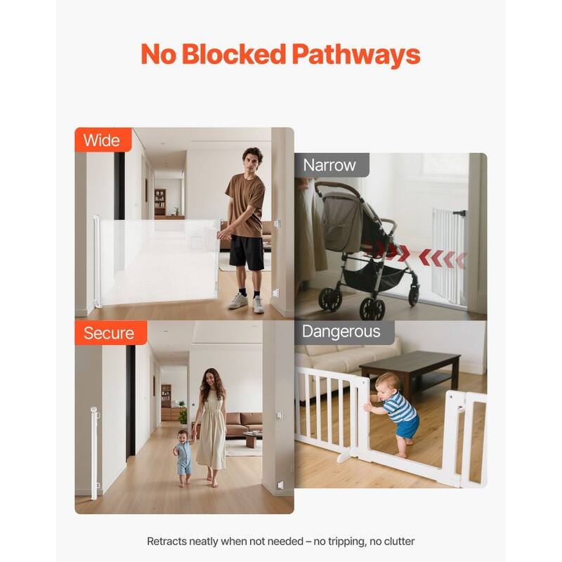 Retractable Baby Gate with Escape-Proof Bottom Hook and Mesh Design for Kids and Pets Safety