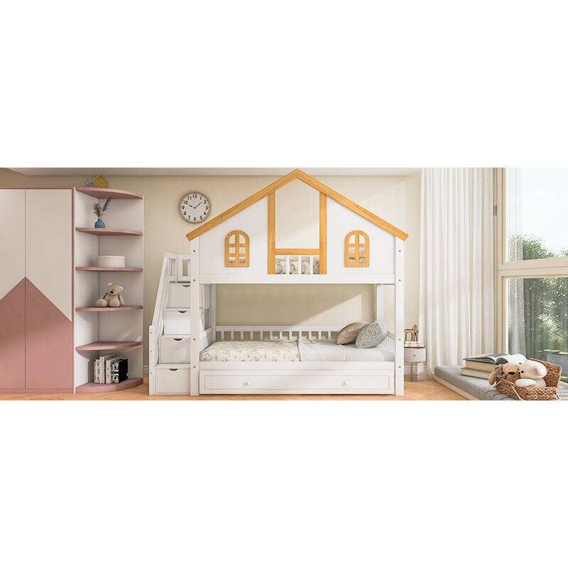 Roomfitters Twin Over Twin/Full Over Full House Bunk Bed with Trundle, Storage Staircase and Roof, White and Natural