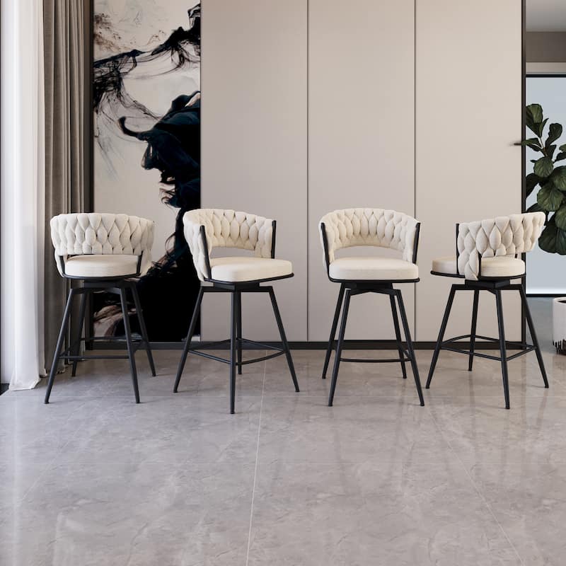 26" Bar Chair Suede Woven Bar Stool Set of 4,Black legs Barstools Kitchen Island Chairs,360 Swivel Bar Stools Counter Stool - White