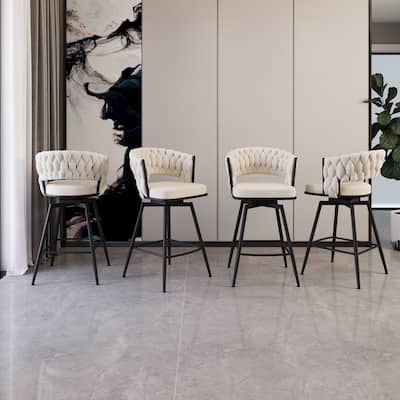 Suede Woven Bar Stool Set of 4, No Adjustable Kitchen Island Chairs,360 Swivel Upholstered Counter Stool with Back Footrest