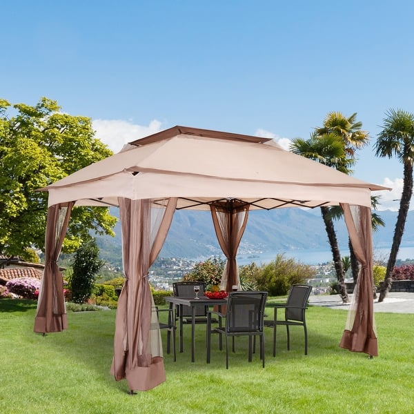 slide 1 of 36, Outsunny 11' x 11' Pop Up Gazebo Canopy with 2-Tier Soft Top, and Removable Zipper Netting, Event Tent with Storage Bag Khaki