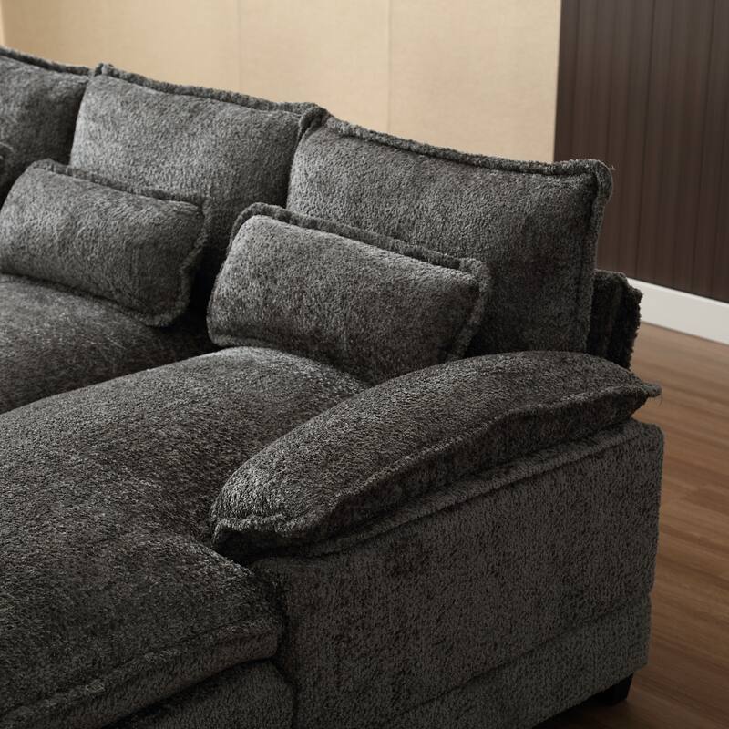 Gray Chenille U-Shape Reversible Sectional Sofa with Ottomans & Pillows