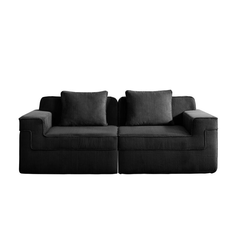 Modular 2-Seat Boneless Sofa, Modern Sectional Couch with Deep Seats, Wide Armrests, Corduroy Loveseat with Throw Pillows