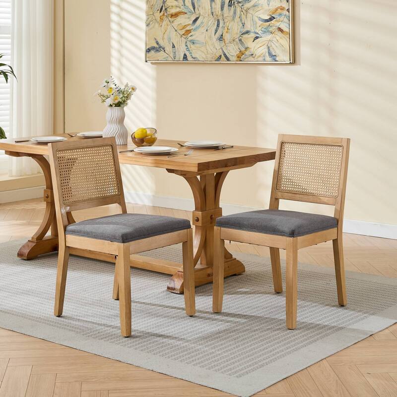 Rattan Dining Chairs Set of 2, Modern Dining Room Chairs, Cane Upholstered Kitchen Side Chair with Natural Hardwood Frame - Grey