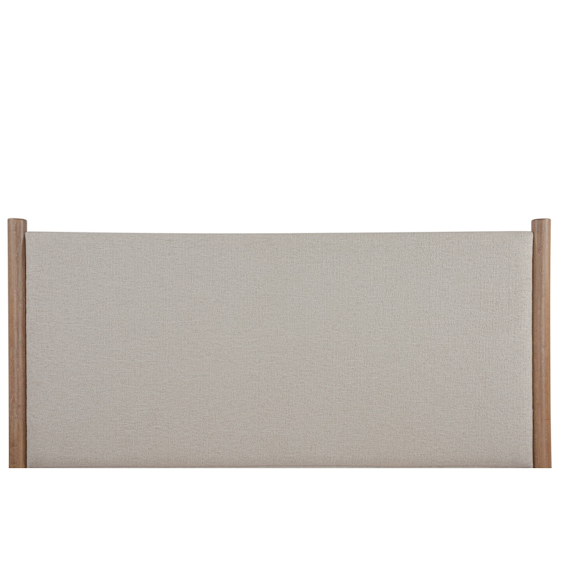 NADAAL STUDIOS Mirelda Beige Upholstered King Four-Poster Bed with Rustic Rubberwood Legs