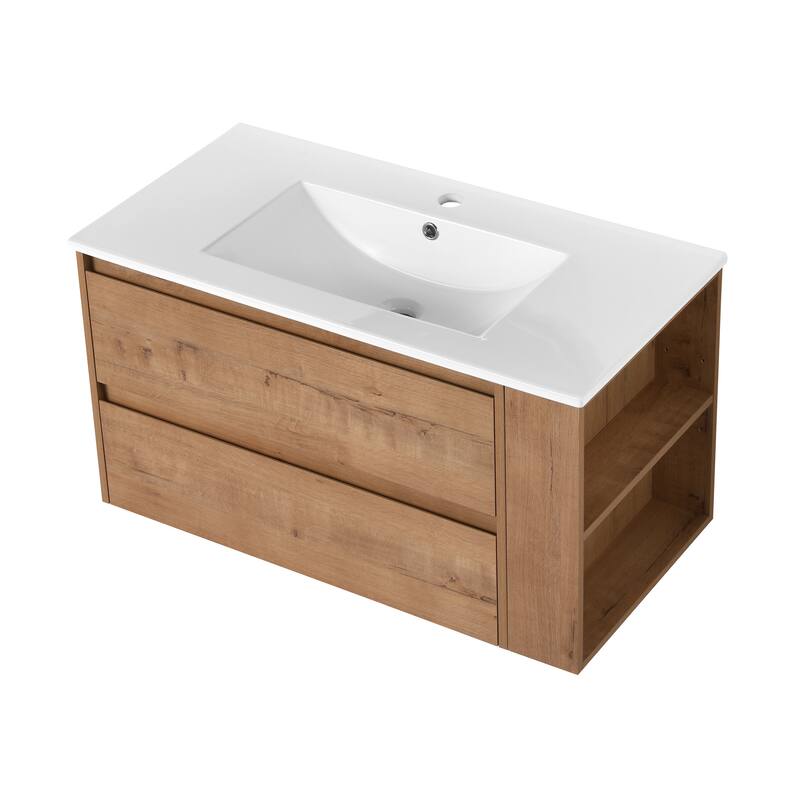 35.9-Inch Modern Bathroom Vanity with Ceramic Sink, Adjustable Side Shelf, Soft-Close Drawers, and 45° Beveled Invisible Handle