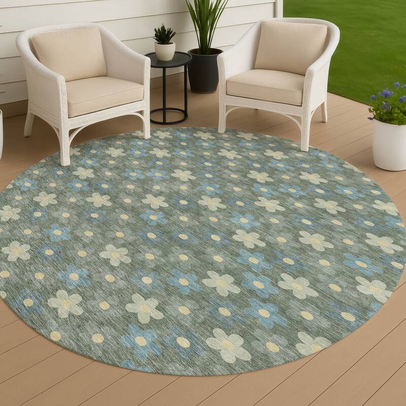Machine Washable Indoor/ Outdoor Floral Kechi Chantille Rug - Basil - 8' x 8'