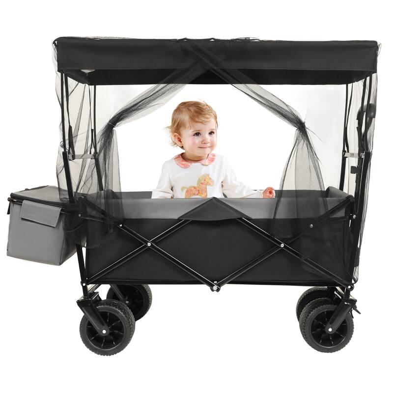 480lb Collapsible Wagon with Canopy & Mosquito Net - 7" All-Terrain Wheels, Lightweight Design, Black