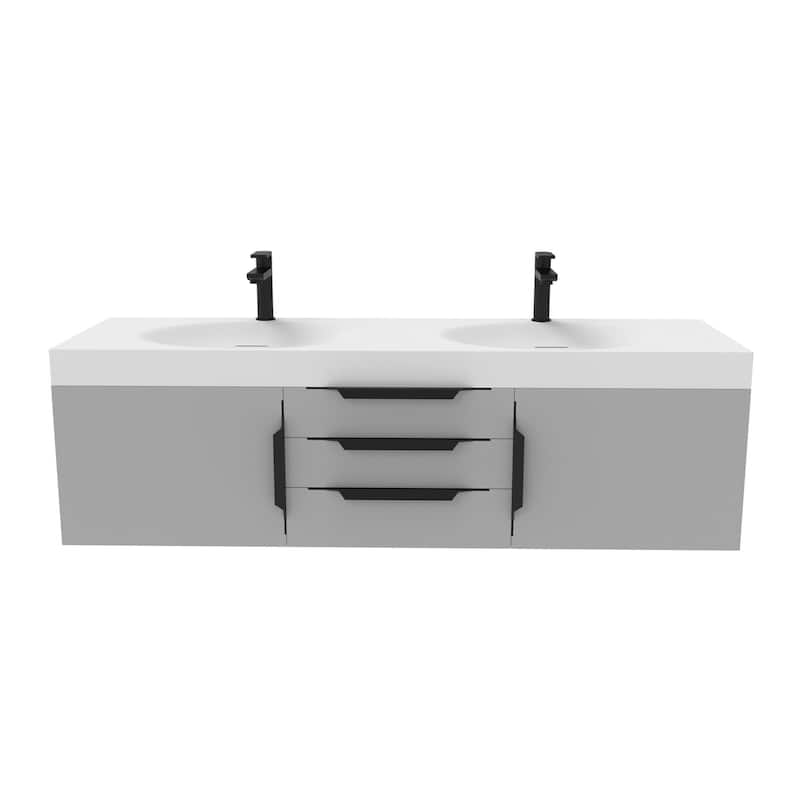 Thames 60" Shallow Basin Wall Mounted Bathroom Vanity Set w/ White Top - Grey - Matte