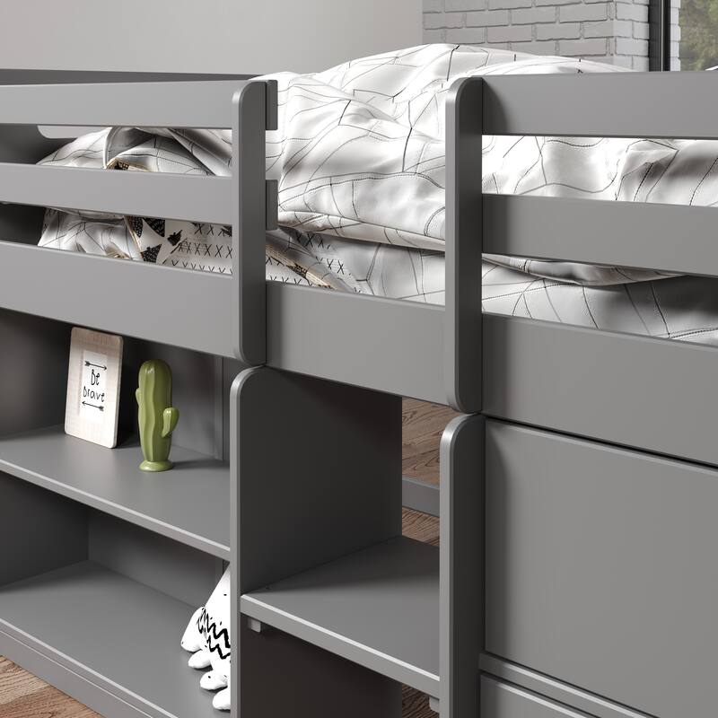 Twin Size Solid Wood Loft Bed with Storage and Fence