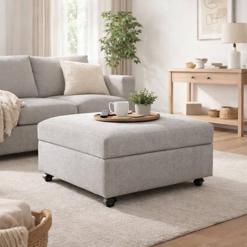 Gaby Low Profile Ottoman with Storage, Locking Wheels, Gray 37 Inch