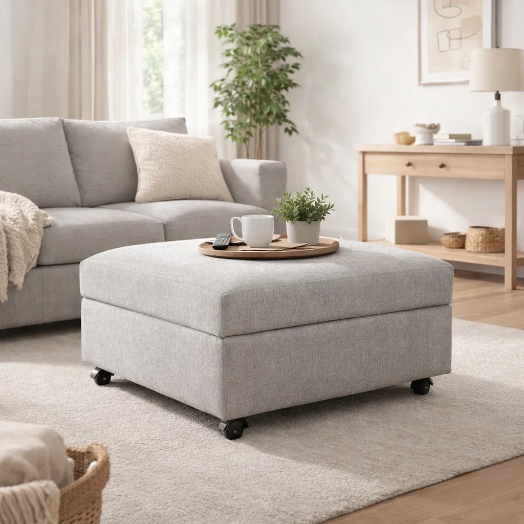 Gaby Low Profile Ottoman with Storage, Locking Wheels, Gray 37 Inch