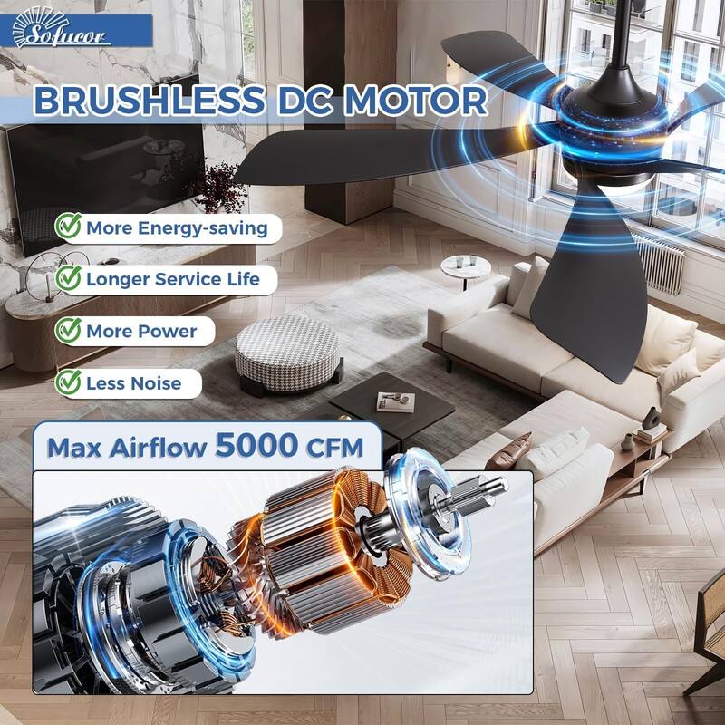 52 Inch Ceiling Fan with Remote & Lights Quiet DC Motor 5 Blade High CFM Modern Fan
