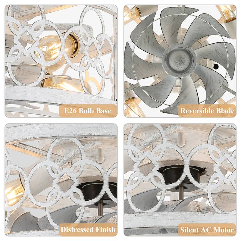 Cusp Barn 20-In Retro Distressed White Ceiling Fan, Farmhouse Rustic Flush Mount Low Profile Caged Fandelier for Bedroom