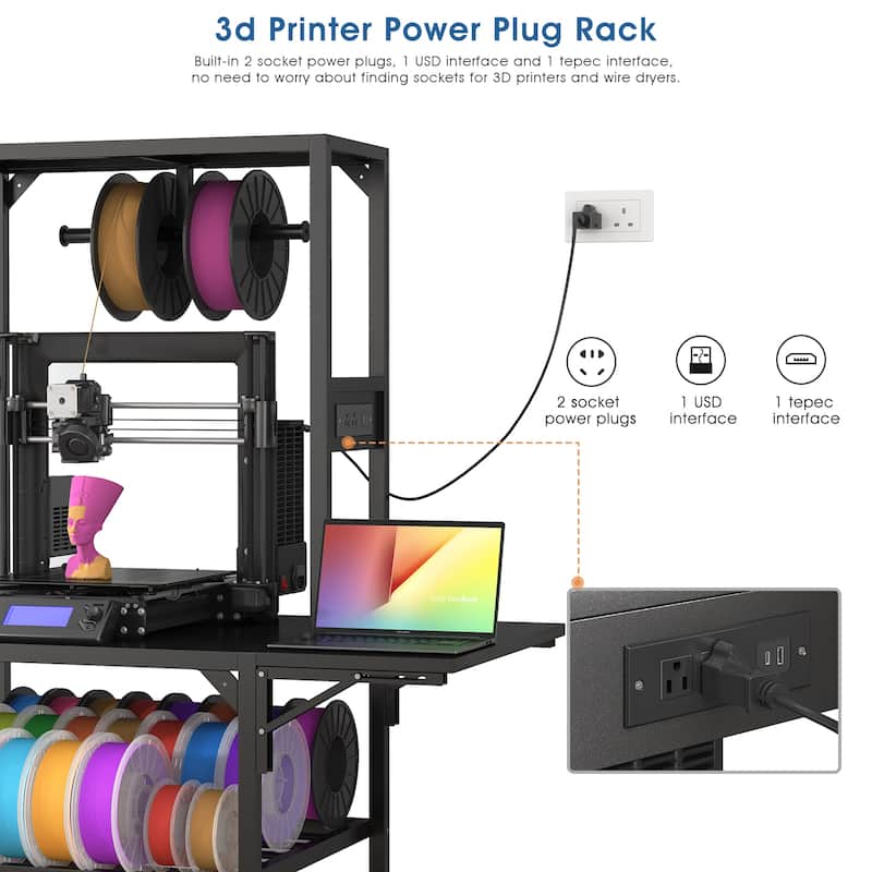 Heavy Duty 3D Printer Table Stand with Filament Storage Rack, T-Shaped Spools Holder & Wheels - Perfect for 3D Printing Studio