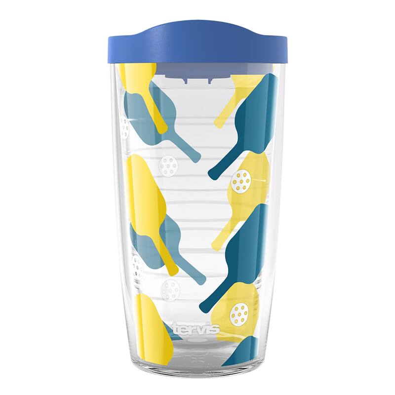 Tervis Pickleball Paddle Pattern Made in USA Double Walled Insulated Travel Tumbler, Blue Lid - 16oz