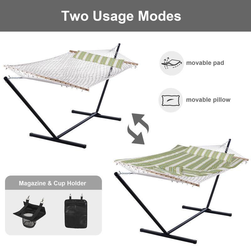 Rope Hammock with Detachable Pillow and Pad, 12FT Steel Stand Included