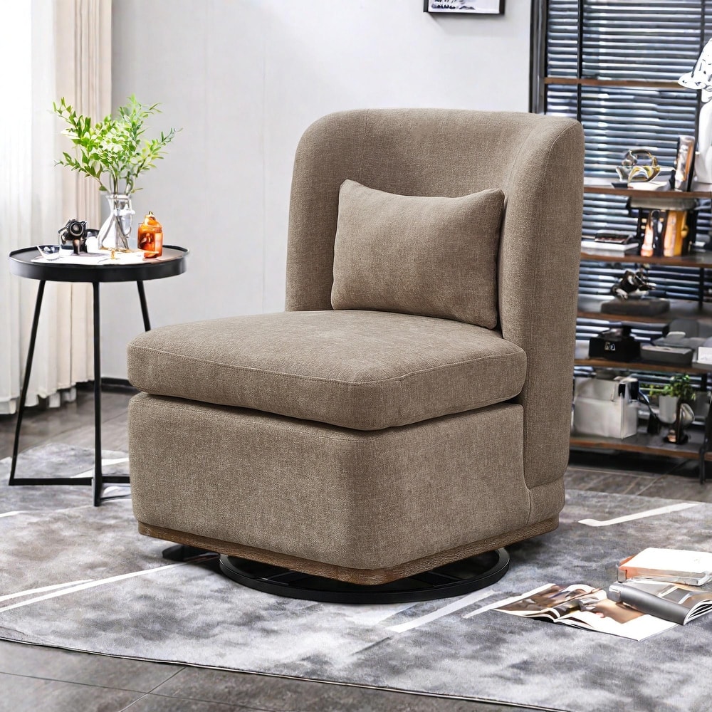 Chenille 360° Swivel Armless Chair with Metal Base, High-Density Foam Cushion, and Included Pillow
