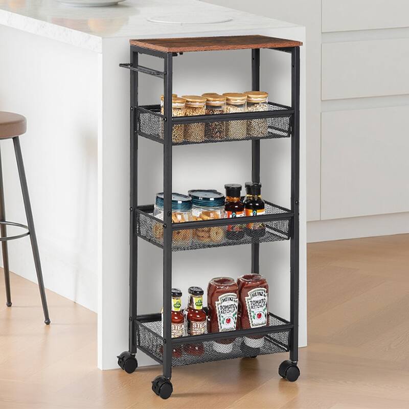 Javlergo 4-Tier Rolling Kitchen Cart with Mesh Baskets Brown Top & Wheels Space-Saving Storage Organizer with Handle for Home
