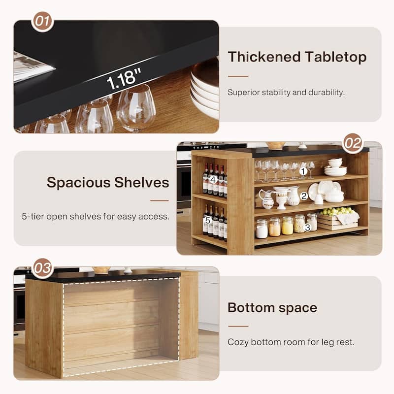 55" Wood Kitchen Island with Storage, 5-Tier Stationary Island Table with 5 Shelves