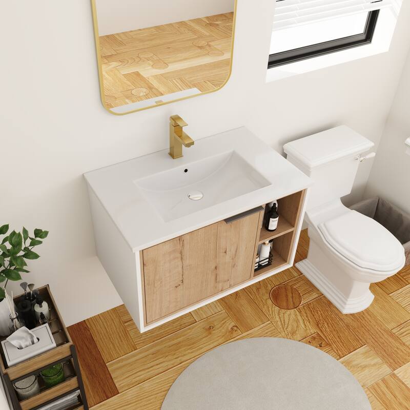 BNK 20"/24"/30" Single Sink Bathroom Vanity with Soft Close Door or Right Side Shelves, Modern Floating Vanity