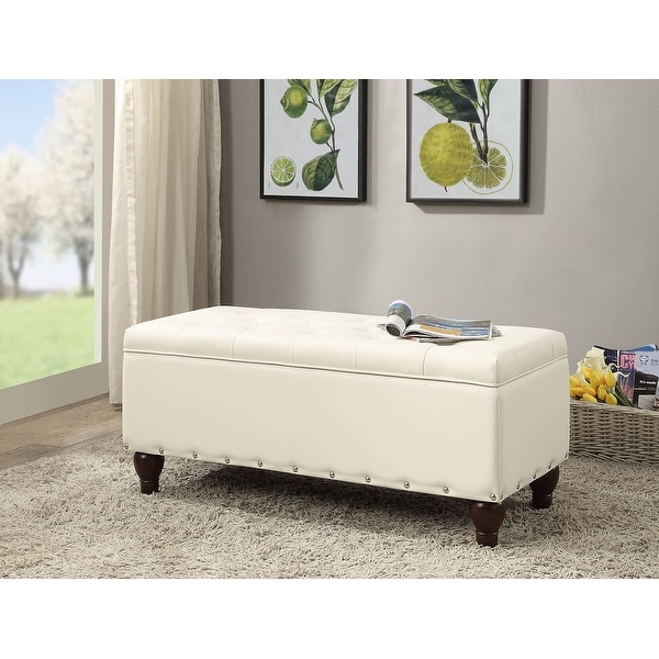 Faux Leather Upholstered Wooden Bench with Storage, White and Brown