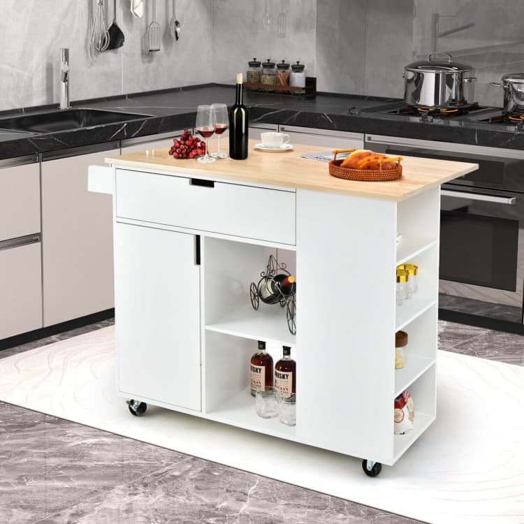 Drop-Leaf Kitchen Island with Rubber Wood Top - 49" x 30" x 36"(L x W x H)