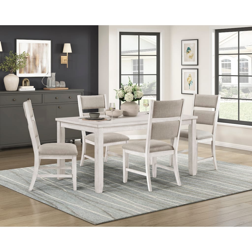 Modern Farmhouse 5pc Dining Set Table and 4 Side Chairs Upholstered Antique White Finish Durable Wooden Furniture