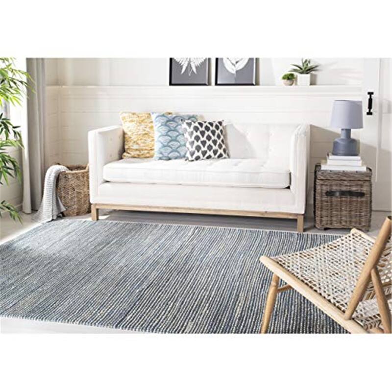 Handmade Jute Area Rug 6x9 Blue Ivory Geometric Living Room Bedroom Rug - 108 x 72