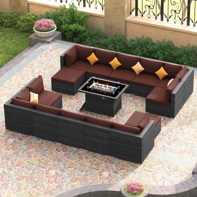 FINCATI Outdoor Furniture Wicker Sectional Patio Conversation Sofa Set with 43″ Fire Pit Table