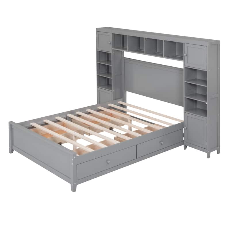 Full Size Platform Bed with 4 Drawers, 10 Shelf Cubes, and 4 Cabinets, All-in-One Storage Headboard