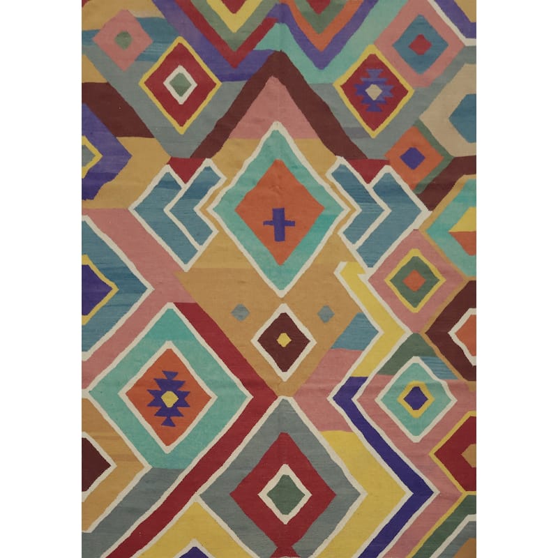 Hand Woven Oriental 100% Wool Carpet Southwestern Modern Multi-Colored Kilim Area Rug - 9' 7'' X 8' 1''