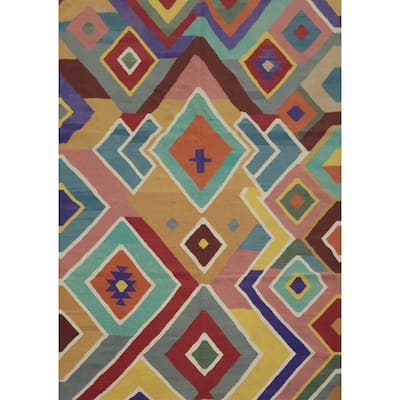 Hand Woven Oriental 100% Wool Carpet Southwestern Modern Multi-Colored Kilim Area Rug - 9' 7'' X 8' 1''