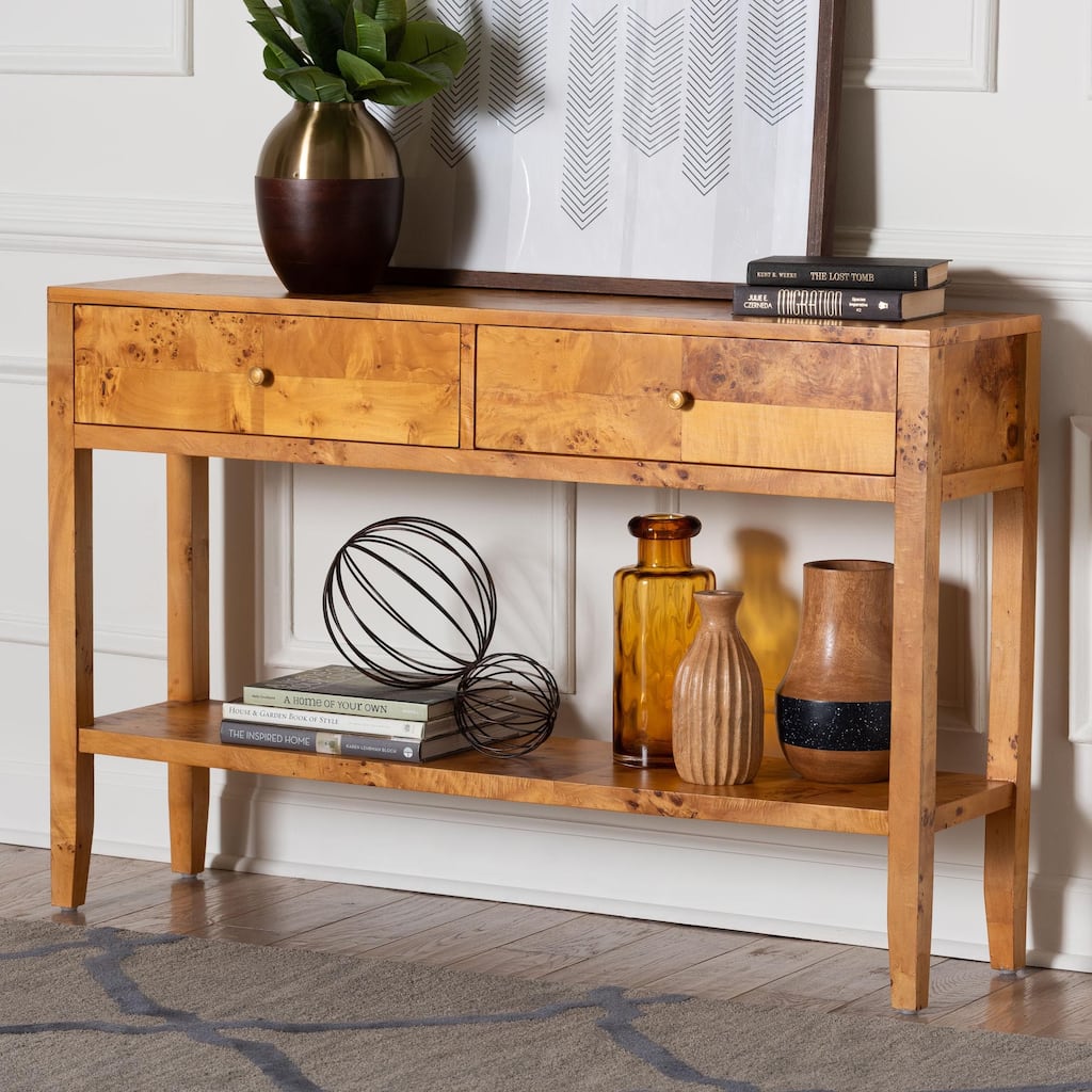Ghina Modern and Contemporary Natural Light Mappa Real Burl Wood 2-Drawer Console Table