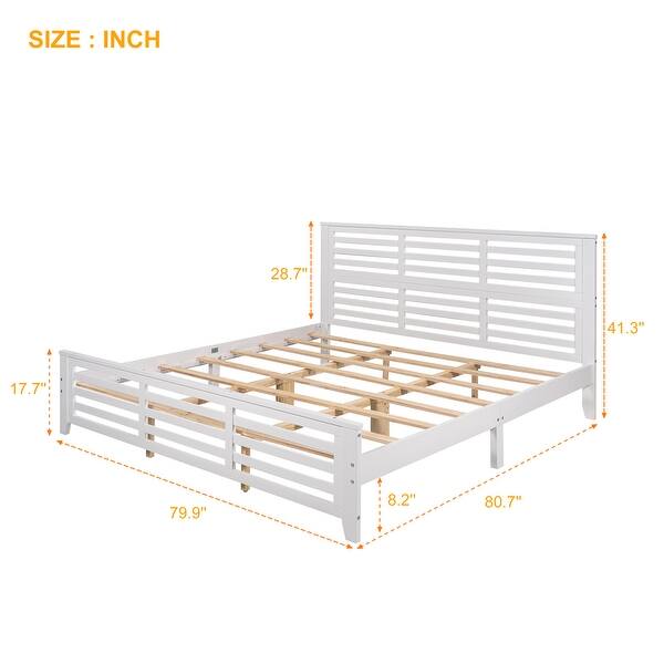 King Platform Bed with Horizontal Strip Hollow Shape, Solid Wood Bed