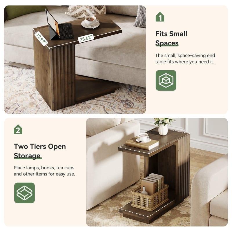 Solid Wood Side Table with Storage Shelf for Small Spaces, C Shaped Sofa End Table