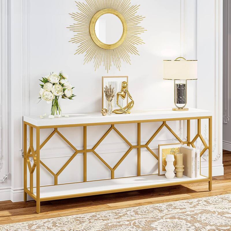 70.9" Extra Long Sofa Table, Industrial Narrow Console Table Behind Couch with Diamond Pattern Metal Frame, 2-Tier Open Storage - White+Gold