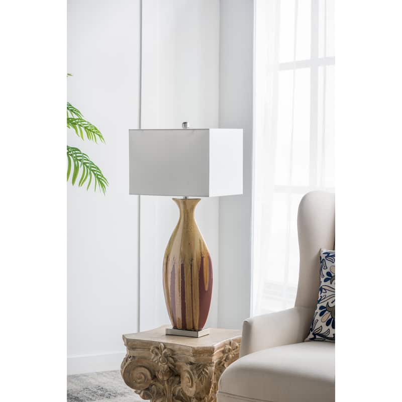 Anmytek Mid Century Modern Table Lamp Textured Ceramic Base Fabric Shade Boho Chic Bedroom Living Room Office Warm Lighting