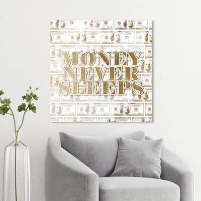 Hatcher and Ethan Prints 'Money Never Sleeps Gold' Typography and Quotes Gold Wall Art Canvas Print