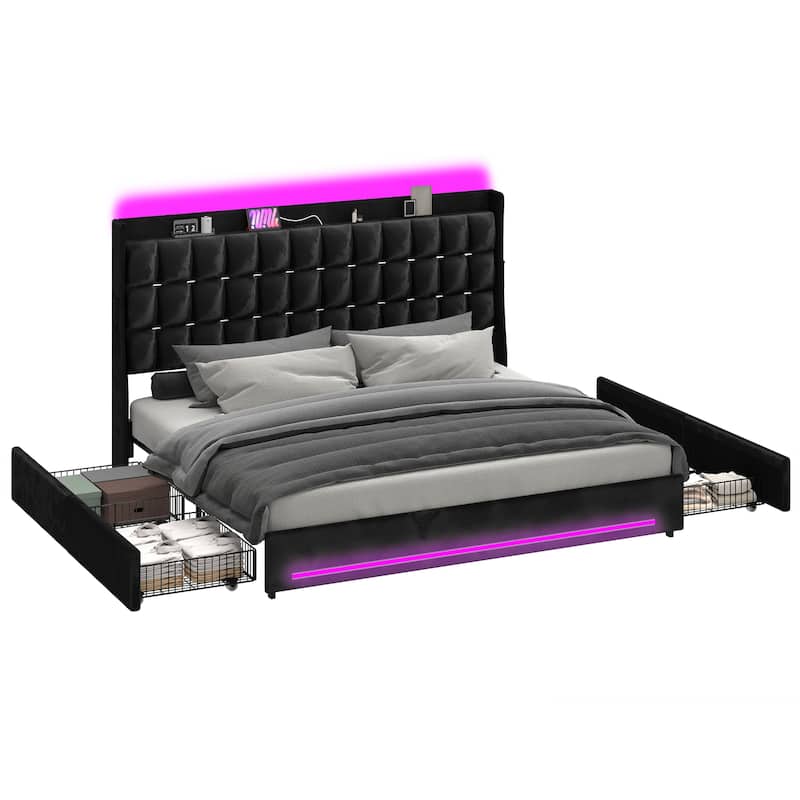 Moasis King Size Velvet Platform Bed with 4 Drawers RGB Lights and Charging Station No Box Spring Needed