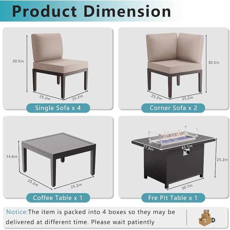 Kullavik 7 Piece Outdoor Furniture Set, Modern Metal Sectional Sofa with Thick Cushions and Coffee Table