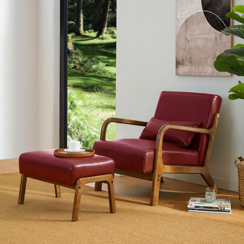Glitzhome 30.75"H Mid-Century PU Leather Armchair with Ottoman Set