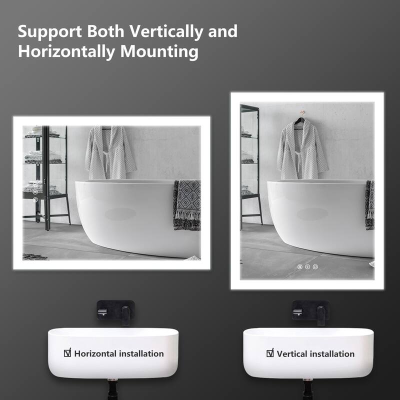LED Bathroom Vanity Mirror Wall Mounted Dimmable Anti-Fog Mirror with 3 Buttons Vertical & Horizontal Hang