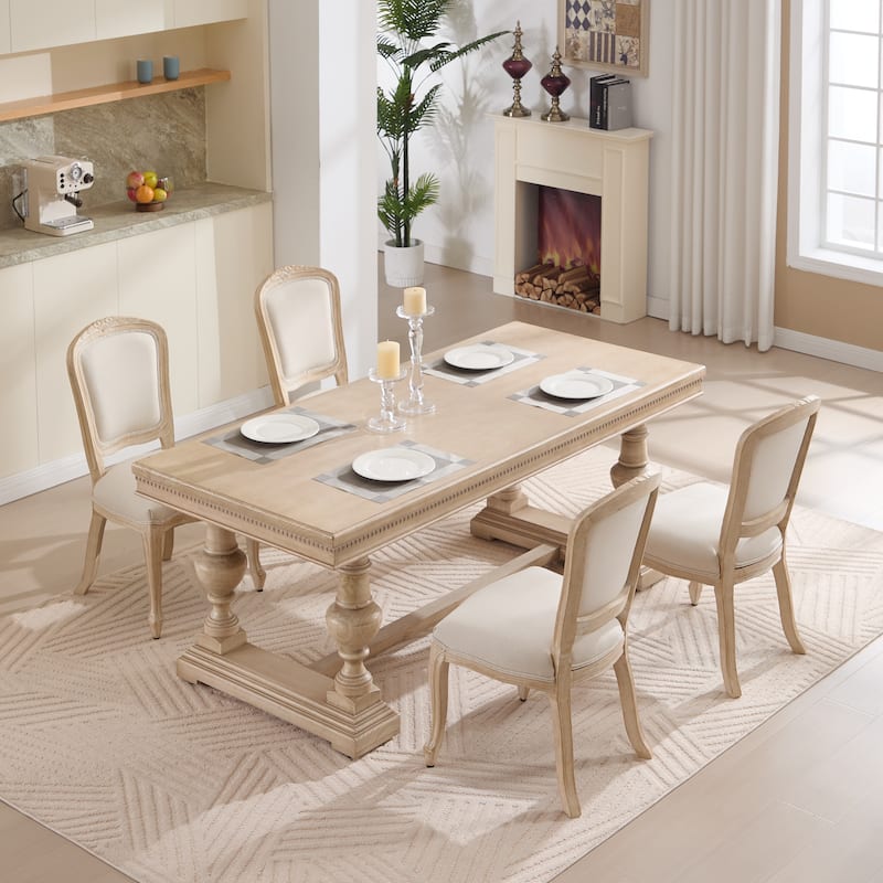 Cotton Linen Dining Chairs Set of 2, Upholstered Armless Side Chair, Kitchen Chairs with Fan-Shaped Back & Solid Wood Legs