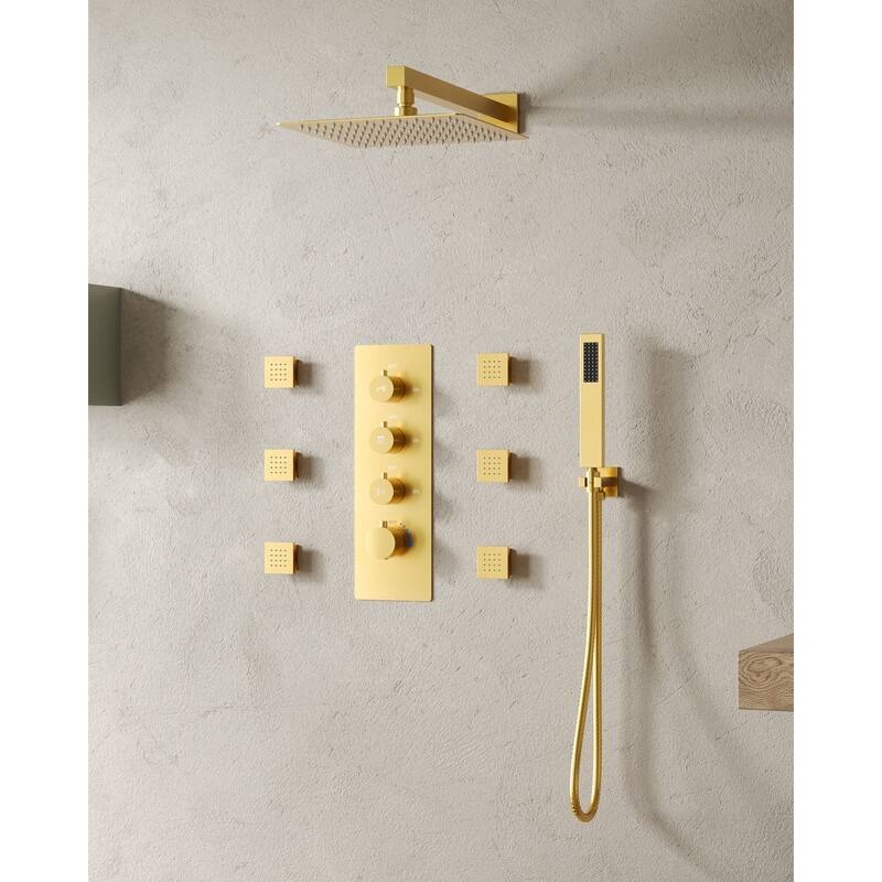 Thermostatic Shower System 12" Rain Shower Head with High Pressure Handheld Spray - Brushed Gold