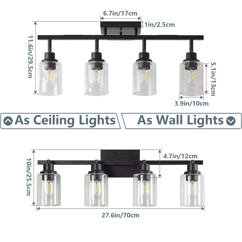 4-Lights Track Lighting Fixtures Ceiling with Clear Glass Shades, Modern Black Semi Flush Mount Ceiling Light(Bulb Not Included)