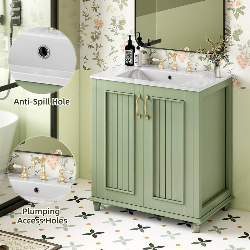 30'' Bathroom Vanity with Resin Sink Top, Freestanding Bathroom Vanity Cabinet with 1 Hidden Drawer, 2 Soft Close Doors & Shelf